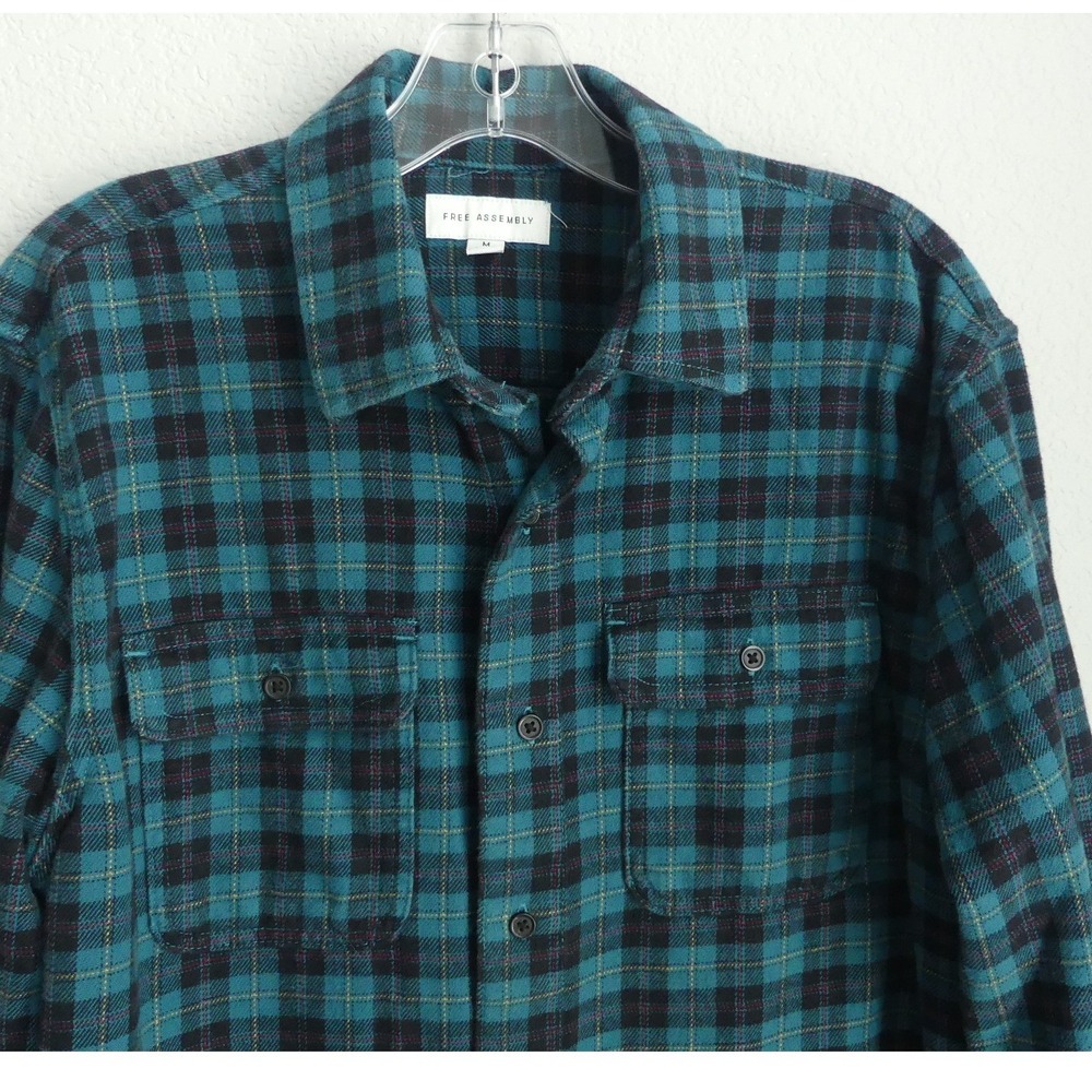 Free Assembly Mens M Plaid Flannel Shirt Teal Black Heavy Cotton Button Down - Picture 2 of 8